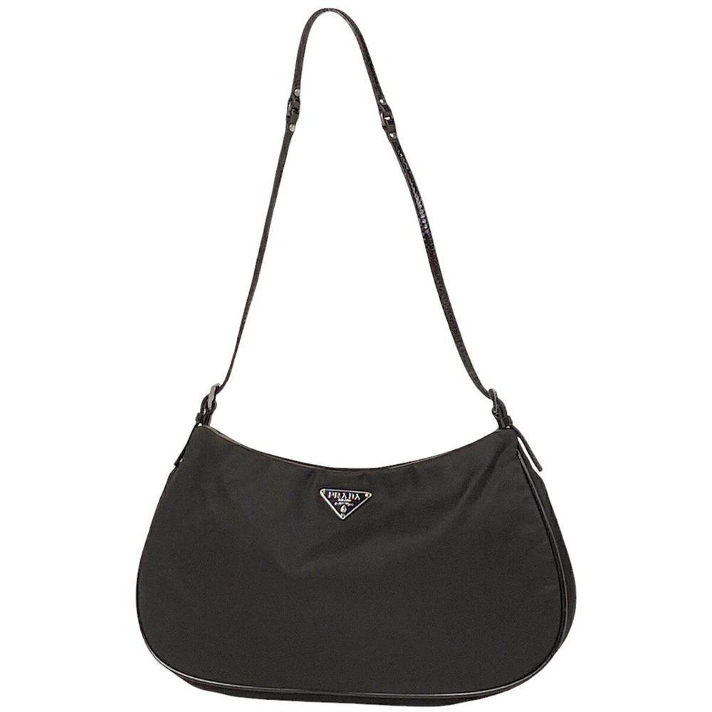 Prada Logo Plate Shoulder Bag Handbag Enamel Brown